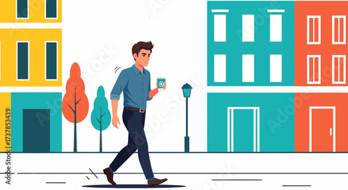Morning Commute Modern Urban Scene With Man Holding Coffee Cup