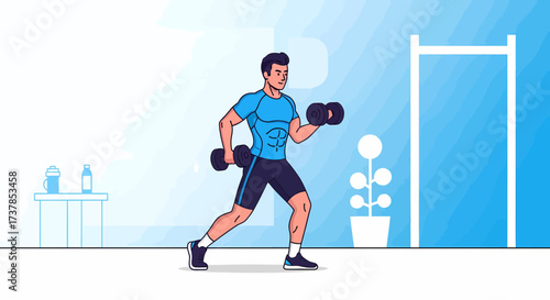 Muscular Man Exercising With Dumbbells In Home Gym, Cartoon Style