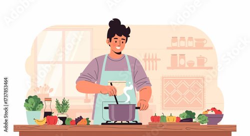 Person Enjoying Cooking Homemade Meal In The Kitchen Illustration