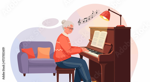 Senior Woman Playing Piano In Cozy Home Interior Illustration