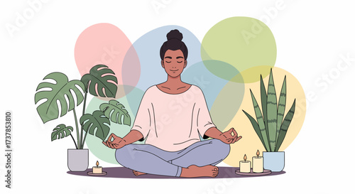 Woman Meditating Peacefully Surrounded by Plants and Candles