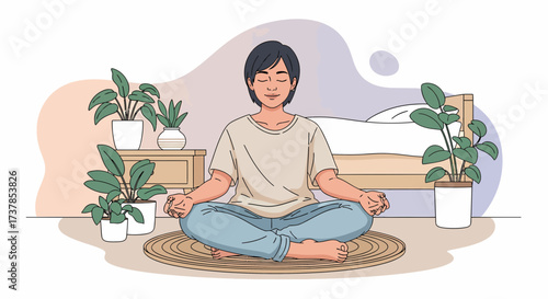 Woman Meditating Peacefully Surrounded By Plants In Her Bedroom