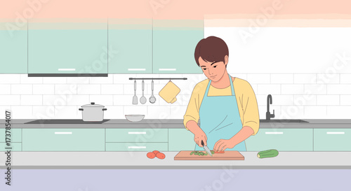 Young Person Preparing Vegetables In A Modern Kitchen Illustration