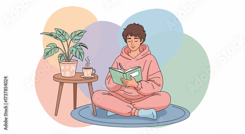 Young Person Relaxing At Home Writing In A Journal Illustration