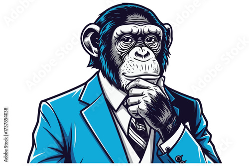 Vector art of a contemplative chimpanzee in a suit, , showcases a blend of humanlike intellect and animalistic charm, creating a thoughtprovoking and whimsical image