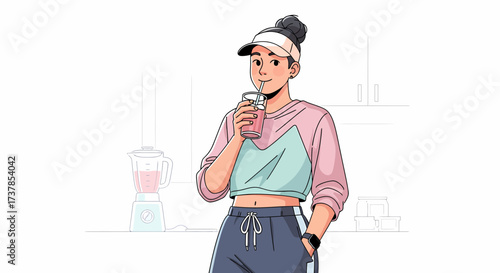 Young Woman Enjoys Healthy Smoothie In Minimalist Kitchen Setting