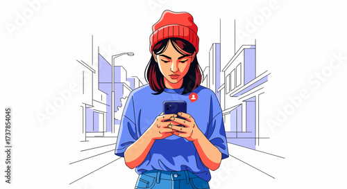 Young Woman Engaged With Smartphone In Urban Environment Illustration
