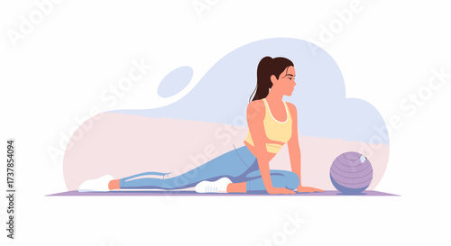 Young Woman Practicing Pigeon Pose With Exercise Ball In Studio