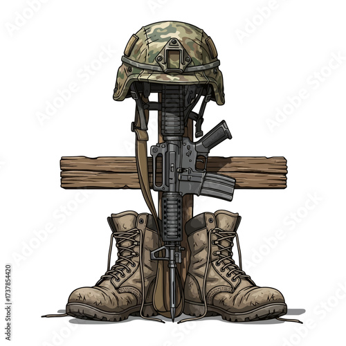 Fallen soldier memorial with rifle helmet and boots isolated on white background