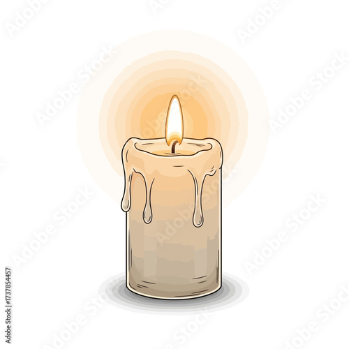 Burning candle with dripping wax isolated on white background