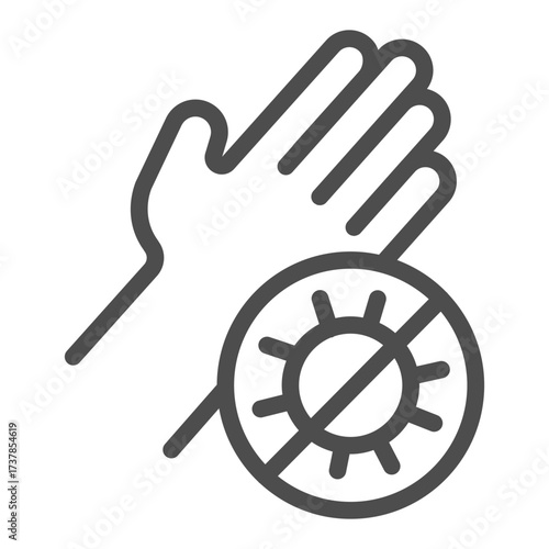 Clean hand line icon, hand washing concept. Vector graphics. Palm and no bacteria badge sign on white background, outline style icon for mobile or web design.