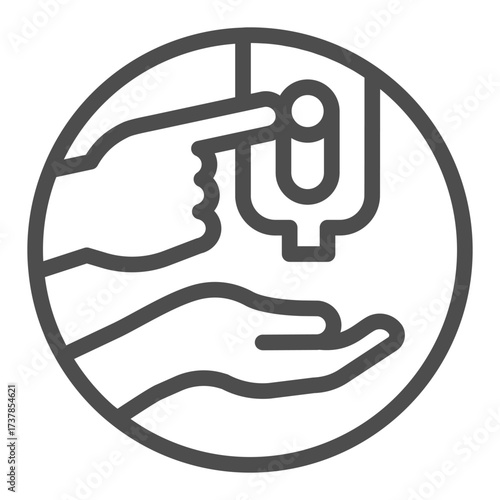 Liquid soap container line icon, hygiene and washing concept. Vector graphics. Two hands and liquid soap with button sign on white background, outline style icon for mobile or web design.