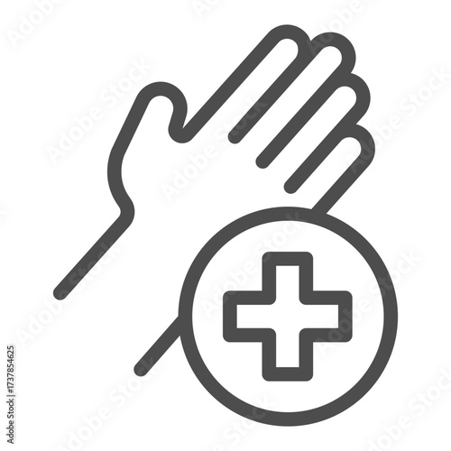Hand with medical cross bubble line icon, hygiene concept. Vector graphics. Clean palm sign on white background, outline style icon for mobile or web design.
