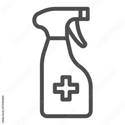 Antiseptic spray line icon, hygiene concept. Vector graphics. Spray bottle and medical cross sign on white background, outline style icon for mobile or web design.