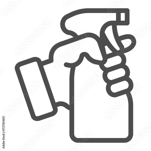 Spray bottle in hand line icon, washing concept. Vector graphics. Hand with antiseptic bottle sign on white background, outline style icon for mobile or web design.