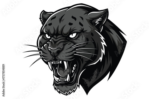 Vector art of a fierce black panther head roars, showcasing its sharp teeth and intense gaze, a powerful symbol of strength and agility in monochrome