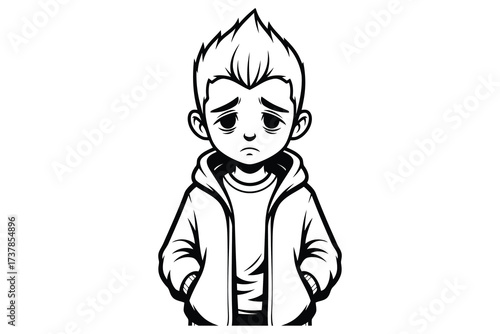 Vector art of a sad young boy with spiky hair and a hoodie stands alone, his eyes filled with sorrow, a poignant depiction of childhood sadness
