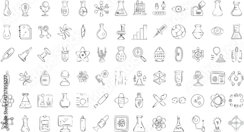 Collection of hand drawn science and laboratory equipment illustrations in sketch style on white background