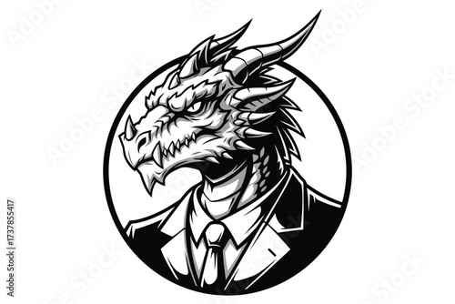 Vector art of a black and white illustration of a dragon head wearing a suit and tie, conveying a sense of power, authority, and sophistication