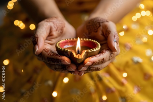 Hands adorned with henna hold a lit diya, symbolizing the spiritual and personal significance of diwali traditions