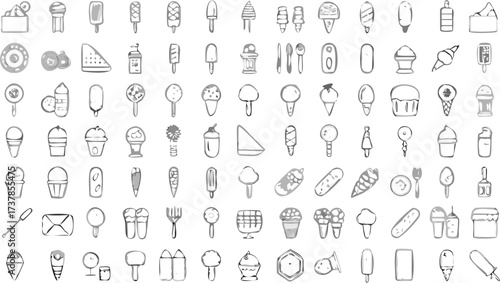 A collection of hand drawn ice cream and dessert icons in various styles arranged in a grid pattern