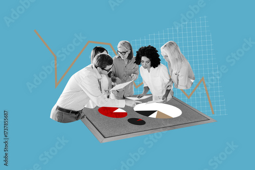 3D collage trend artwork poster of goal success graphics charts team cooperation businesspeople corporate meeting man lady talk diagram