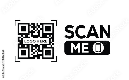 Minimalist black and white QR code label design with "SCAN ME" message, modern style, ideal for marketing, digital menus, business promotions, and mobile-based contactless solutions.	