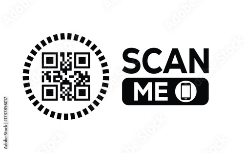 Minimalist black and white QR code label design with "SCAN ME" message, modern style, ideal for marketing, digital menus, business promotions, and mobile-based contactless solutions.	
