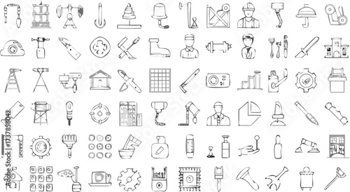 Illustration featuring an assortment of sketched objects including tools, buildings, and other miscellaneous items