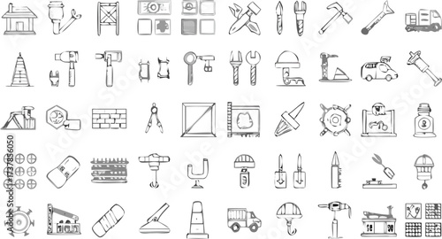 Illustration of various construction and building related objects and tools in a sketch style format