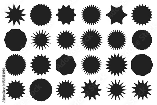 Collection of black starburst shapes, including circular and jagged designs. Perfect for price tags, sale stickers, and discount labels. Vector illustration for marketing materials and branding.