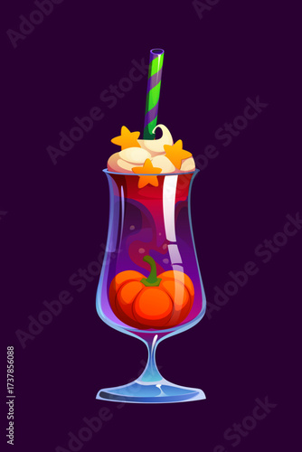 Halloween holiday party cocktail drink with pumpkin garnish. Cartoon vector spooky ghoulish beverage served in a tall glass with vibrant liquid and striped straw for festive and eerie celebrations