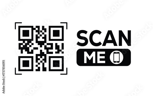 Minimalist black and white QR code label design with "SCAN ME" message, modern style, ideal for marketing, digital menus, business promotions, and mobile-based contactless solutions.	