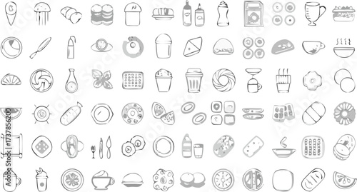 Illustration showcasing a variety of food and beverage items in a sketched or outline style drawing format
