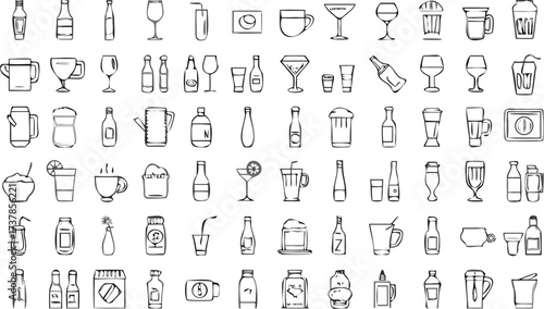 Illustration featuring a diverse collection of drinkware and beverage containers in a monochrome sketch style