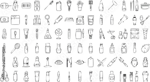 Sketch style illustration featuring various cosmetic and beauty related products and tools in black and white