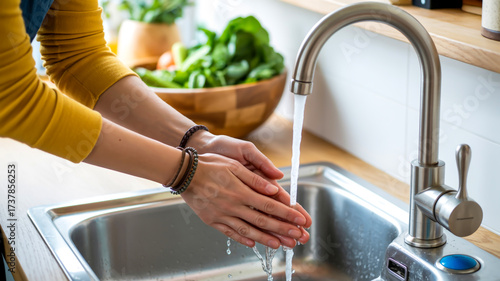 A close-up photograph of hands washing in a stainless steel kitchen sink under a modern brushed nickel faucet