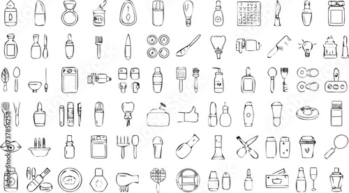 Illustration of various beauty products and tools including bottles brushes and grooming items sketched simply
