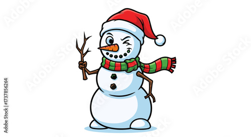 Cartoon snowman wearing a Santa hat with a carrot nose