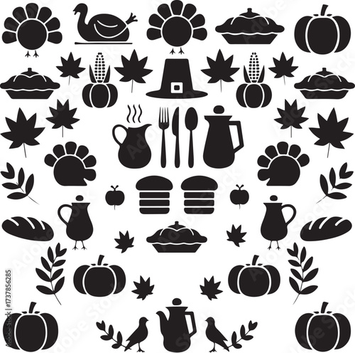 Thanksgiving Silhouette Icons Bundle Fall Harvest, Turkey, Food and Autumn Elements
