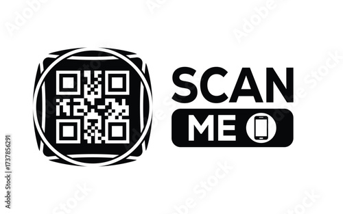 Minimalist black and white QR code label design with "SCAN ME" message, modern style, ideal for marketing, digital menus, business promotions, and mobile-based contactless solutions.	