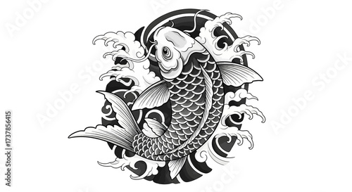 Elegant monochromatic depiction of a koi fish encircled by stylized crashing waves imagery