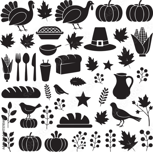 Thanksgiving Silhouette Icons Bundle Fall Harvest, Turkey, Food and Autumn Elements

