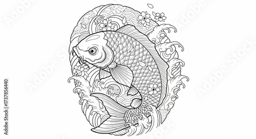 Intricate line art showcases a koi fish amidst swirling waves and delicate cherry blossoms tattoo