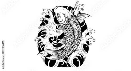 Japanese-inspired koi fish illustration with stylized waves and intricate scale detailing ink