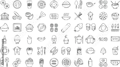 Illustration of various food and drink items including desserts, meals, and beverages in line art style