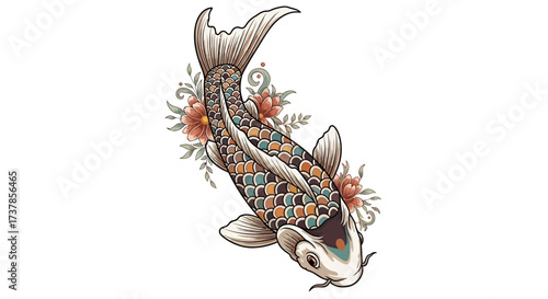 Ornamental koi carp illustration with intricate scale patterns and floral embellishments