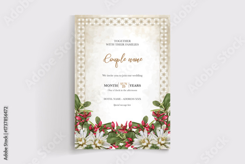 WEDDING INVITATION FRAME WITH FLOWER DECORATIONS AND FRESH LEAVES