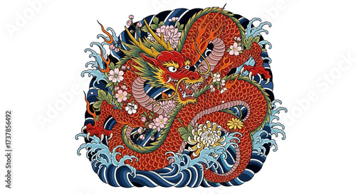 A vibrant depiction of a serpentine asian dragon intertwined with blossoming cherry flowers and
