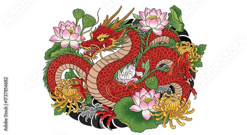 Serpentine grace: A scarlet dragon adorned with lotus blossoms and vibrant chrysanthemums design